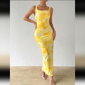 Summer Square Neck Sleeveless Full Print Dress Maxi Vacation Beach Outfits Women